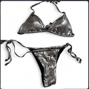 Shiny Metallic Silver Tie-Side Triangle Bikini Set - Women Swim